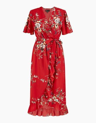 Mela Womens Floral V-Neck Midi Wrap Dress - Red - Size: 10