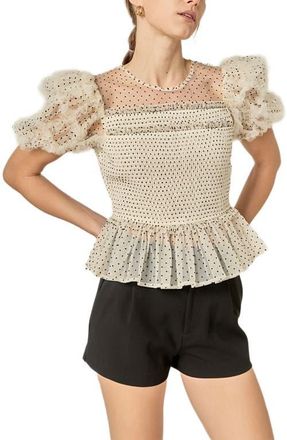 English Factory Dot Puff Sleeve Peplum Top in White/Black at Nordstrom, Size X-Small
