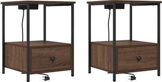 vidaXL Bedside Cabinet with Charging Station 2 pcs Brown oak Vidaxl