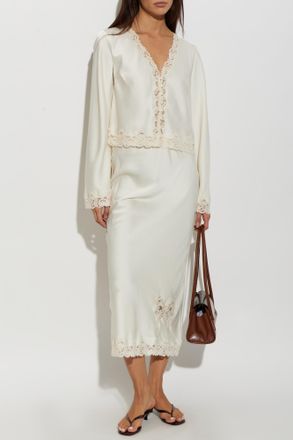 LoveShackFancy Avelaine Satin Skirt, Womens, Cream