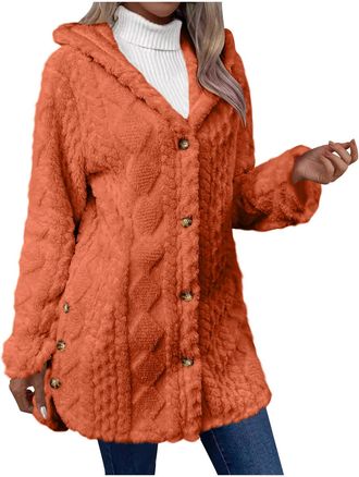 Generic Womens Jackets Sherpa Fleece Hooded Open Front Cardigans Ladies Fall Winter Warm Long Sleeve Coat Jacquard Button Casual Loose Hoodies Side Slit Plain