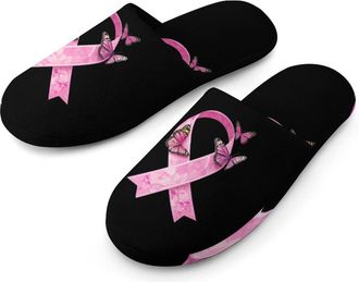 Generic Breast C-ancer Ribbon with Butterfly Cotton Slippers for Men Memory Foam House Slippers Soft Anti-skid Sole Indoor Outdoor Shoes