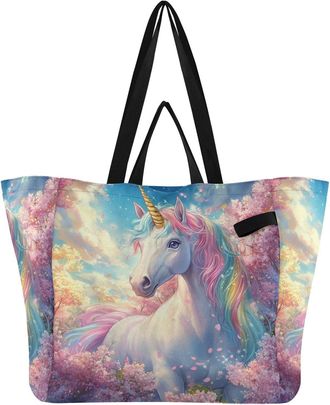 Generic Rainbow Unicorn Sky print Reusable Canvas Tote Bag, Heavy Duty Grocery Shopping Bag with Double Handles Hard Bottom Large Capacity Work Groceries Trav