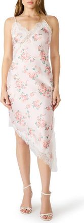 Steve Madden Floral Asymmetric Hem Satin Slipdress in Peach Romance at Nordstrom, Size X-Small