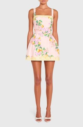 Amanda Uprichard Judie Lemon Print Belted Linen Blend Romper in Limoncello Print at Nordstrom, Size X-Large
