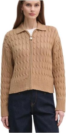 Tommy Hilfiger Boxy Fit Cardigan met Rits en Gedraaid Detail - Dames - Vesten - Beige - M - Katoen - Truien & Vesten