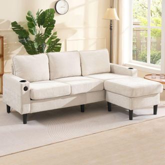 C&A Beige L-Shaped Sectional Sofa with USB and Cup Holder for Apartment Living Rooms-3 Seater Couch