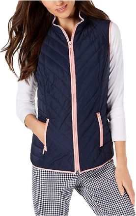 Charter Club Womens Contrast-Trim Zip-Front Vest Blue Size Extra Large