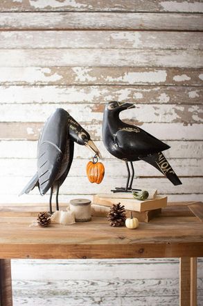 Kalalou Set Of Two Recycled Iron Crows Holding A Pumpkin