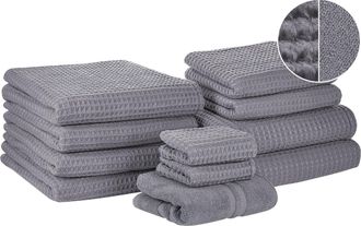 Beliani Conjunto De 11 Toallas Toalla De Ba&ntilde;o Y Alfombrilla De Ba&ntilde;o De Algod&oacute;n Gris Low Twist Para Invitados Areora