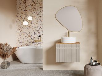 Vente-Unique Mobile sotto lavabo sospeso scanalato beige con ripiano 60 cm - SATARA