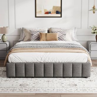Merax 4ft6 Double Grey Linen No Headboard Hydraulic Storage Bed