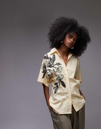 Topshop Camicia stretta in vita color latticello in popeline con ricamo-Giallo