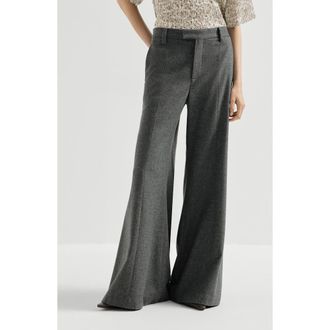 Brunello Cucinelli Virgin wool and cashmere twill flannel wide flare trousers with monili in Dark Grey at Nordstrom, Size 46