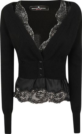 Ermanno Scervino Layered Black Cashmere Cardigan with Floral Lace Trim