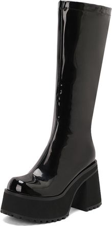 Generic Womens Patent Leather Casual Long Boots Block High Heel Knee High Boots Round Toe Platform Boot with Side Zipper,Black,7.5 UK
