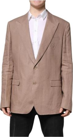 Dolce & Gabbana Beige Linnen Blazer met Geborduurd Logo - Heren - Blazers - Bruin - 4XL - Linnen - Jassen
