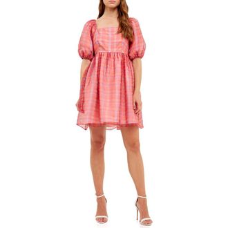 endless rose Checker Print Puff Sleeve Babydoll Minidress in Multi at Nordstrom Rack, Size X-Small