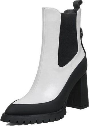 Generic Womens Faux Leather Short Boots with Side Zipper Pointed Toe Office Dress Shoes Chunky High Heel Ankle Boots,White,3.5 UK