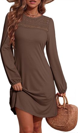 Dokotoo Womens Long Sleeve Dresses Fall Fashion Elegant Lace Hollow Out Patchwork Crew Neck Lantern Sleeves Ladies Dress Solid Color Casual A Line Shift Women