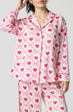 Florence By Mills Dream Satin Pajama Shirt in Ribbon Hearts at Nordstrom, Size Xx-Small