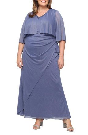 S.L. Fashions Glitter Mesh Gown with Mock Jacket in Dusty Blue at Nordstrom, Size 22W