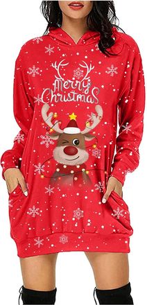 Generic Women Christmas Dress Merry Christmas Letters Snowflakes Wine Glass Xmas Prints Long Sleeve Hooded Loose Sweatshirt Dresses Outfits for Women (b-Red, 