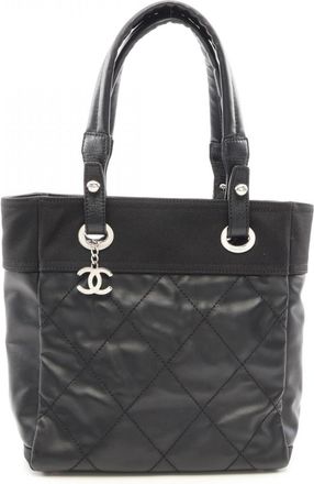 Chanel Black Leather Nylon Canvas Handbag Tote Bag (Pre-Owned)