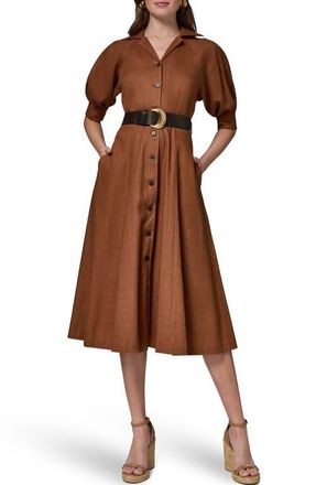 DKNY Linen Blend Midi Shirtdress in Cognac at Nordstrom, Size 10