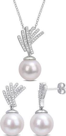 Delmar 11-12mm Cultured Freshwater Pearl & Diamond Pendant Necklace & Earrings Set - 0.1ct. in White at Nordstrom Rack