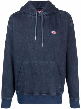 Diesel logo-patch denim hoodie - men - Cotton/Spandex/Elastane - M - Blue