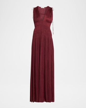 Ulla Johnson Tasneem Pleated Deep-V Satin Gown