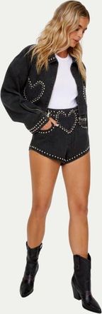 NASTY GAL Heart Studded Cropped Denim Jacket in Washed Black at Nordstrom, Size 12