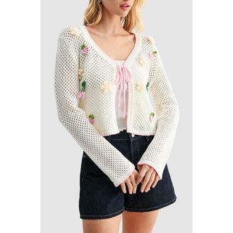All in Favor Crochet Appliqu&eacute; Tie Front Open Stitch Cardigan in Cream Pink at Nordstrom, Size X-Large