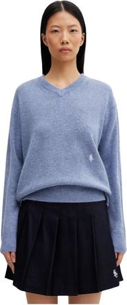 Sporty & Rich SRC Cashmere V-Neck Sweater - Dames - Cashmere truien - Blauw - M - Leer - Truien & Vesten