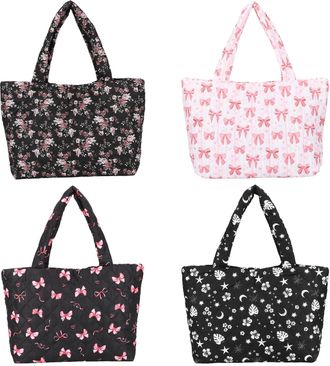 Generic Cymwer Women Floral Puffy Padded Tote Shoulder Bag Large Capacity Daily Use(Black Rose)