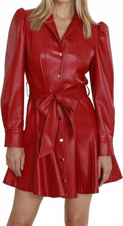 Dolce Cabo Vegan Leather Puff Shoulder Belted Dress In Red