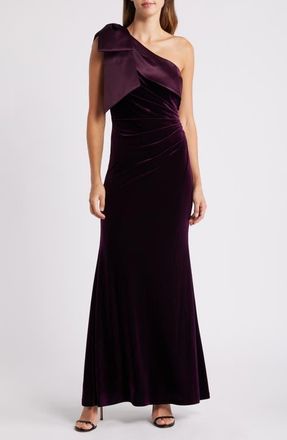 Eliza J One-Shoulder Bow Gown in Aubergine at Nordstrom, Size 14