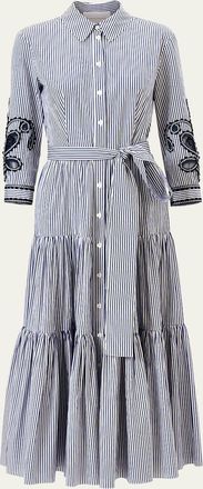 Carolina Herrera Paisley Embroidered 3/4-Sleeve Tiered Midi Shirtdress