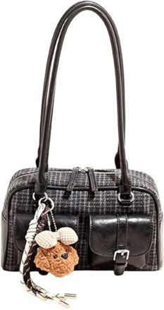 Generic Mini Vintage Tote Bag for Women, Elegant Stylish Multiple Pockets Underarm Purse, Simple Plaid Shoulder Bag with Pendant