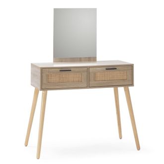 HOMN Mueble recibidor 2 cajones + espejo, color roble, 90 cm ancho