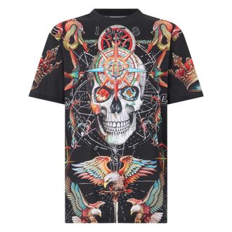 Philipp Plein Tops, Heren, Zwart, S, Katoen, T-shirt Ronde Hals SS Tattoo