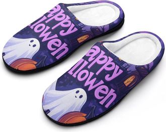 Generic Halloween Themed Pattern Mens Slippers Slip On Comfortable Fleece Cotton House Shoes Winter