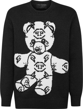 Philipp Plein Wool Embroidery Jacquard Pullover Round Neck LS Teddy Bear