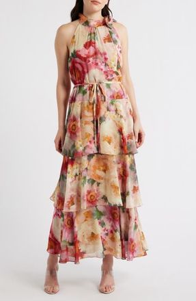 Julia Jordan Mock Neck Tiered Maxi Dress in Orange Multi at Nordstrom, Size 10