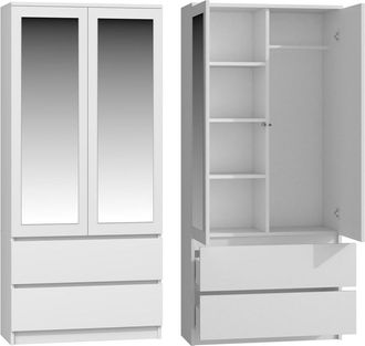 OEM Armario Con Espejos De 90 Cm, Blanco Mate - Moderno, Espacioso, Sistema Tip-on, 4 Estantes, 2 Cajones