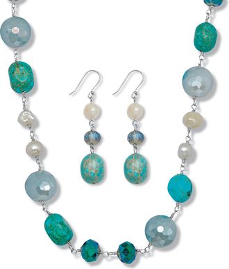 Palm Beach Jewelry Genuine Blue Jasper and Cultured Freshwater Pearl Silvertone Jewelry Set