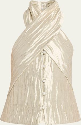 Rosie Assoulin Twisted Metallic Halter Top
