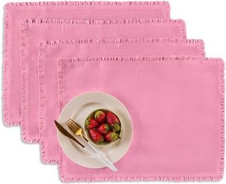 Solino Home Linen Placemats Set of 4, 14 x 19 Inch for Dining Table, Holiday and Everyday Table Decor - Juliette Ruffle in Flamingo Pink at