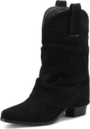 Generic Womens Slouchy Suede Mid-Calf Boots with Square Toe and Chunky Heel,Western Cowboy Style,Black,10 UK